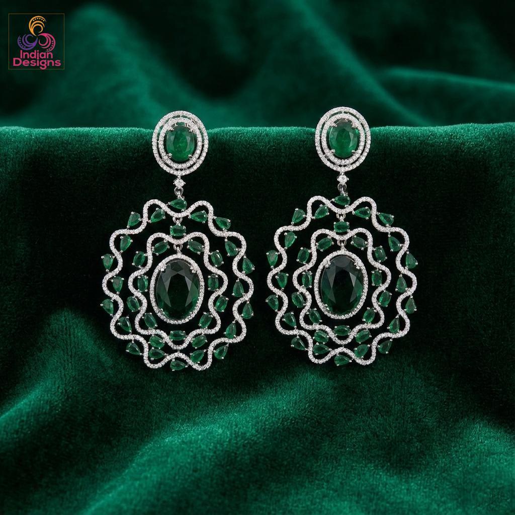 Silver American Diamond Statement Earrings| Large Floral Halo CZ Dangle| Indian Wedding Cocktail Jewelry| Emerald Green Sapphire Blue Pink