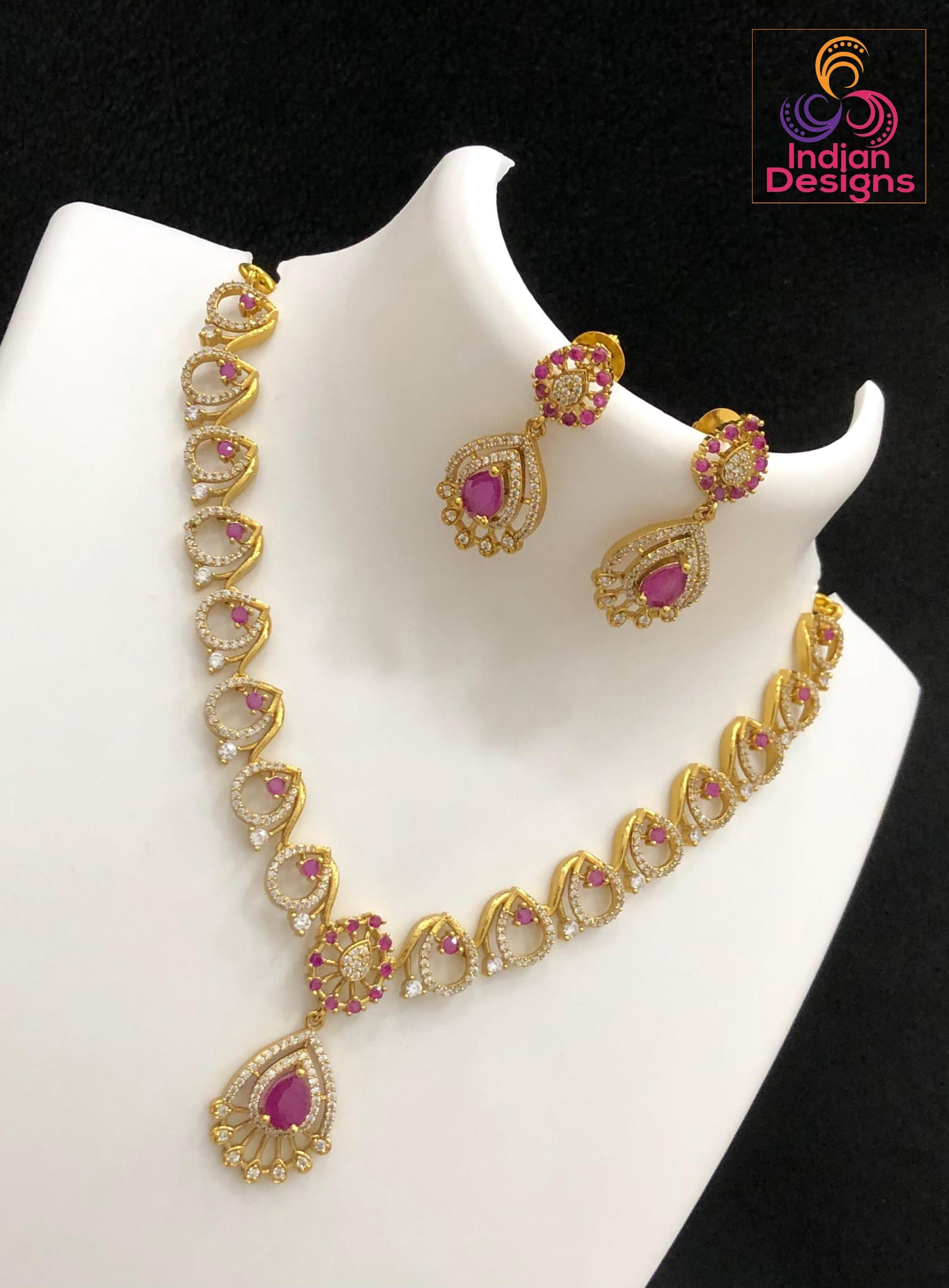 Antique Matte Gold Necklace Set| South Indian Temple Jewelry| Ruby Emerald CZ Stone Necklace| Traditional Choker with Earrings |Gift for her