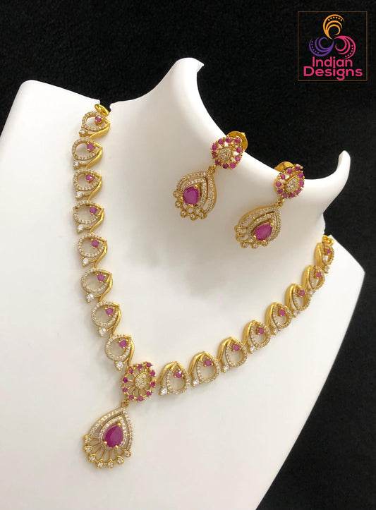 Antique Matte Gold Necklace Set| South Indian Temple Jewelry| Ruby Emerald CZ Stone Necklace| Traditional Choker with Earrings |Gift for her