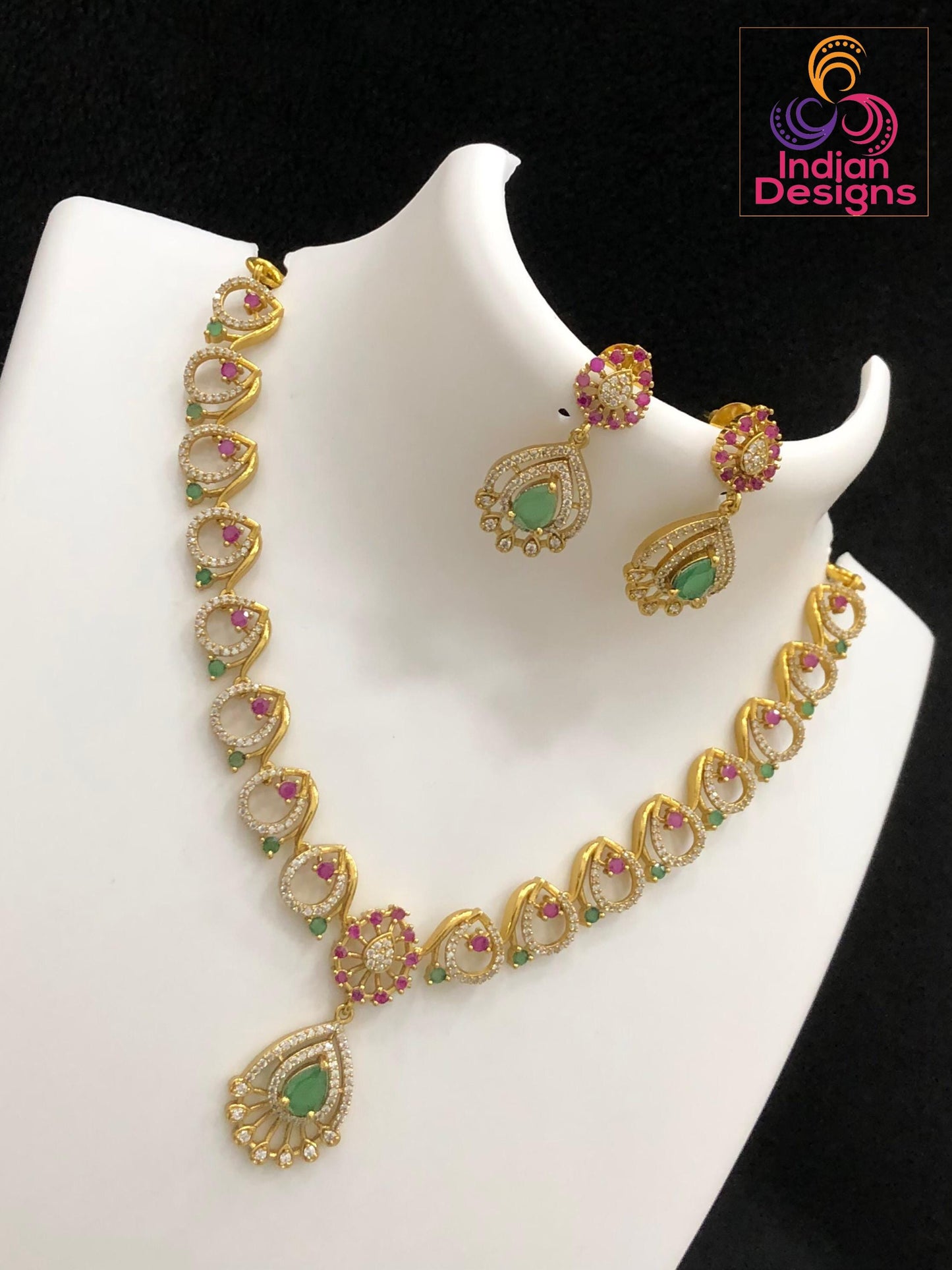 Antique Matte Gold Necklace Set| South Indian Temple Jewelry| Ruby Emerald CZ Stone Necklace| Traditional Choker with Earrings |Gift for her