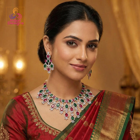 Ruby And Emerald Green Silver American Diamond Necklace Earring set|Indian CZ stones Necklace|Pakistani Bridal Jewelry|Gift for her