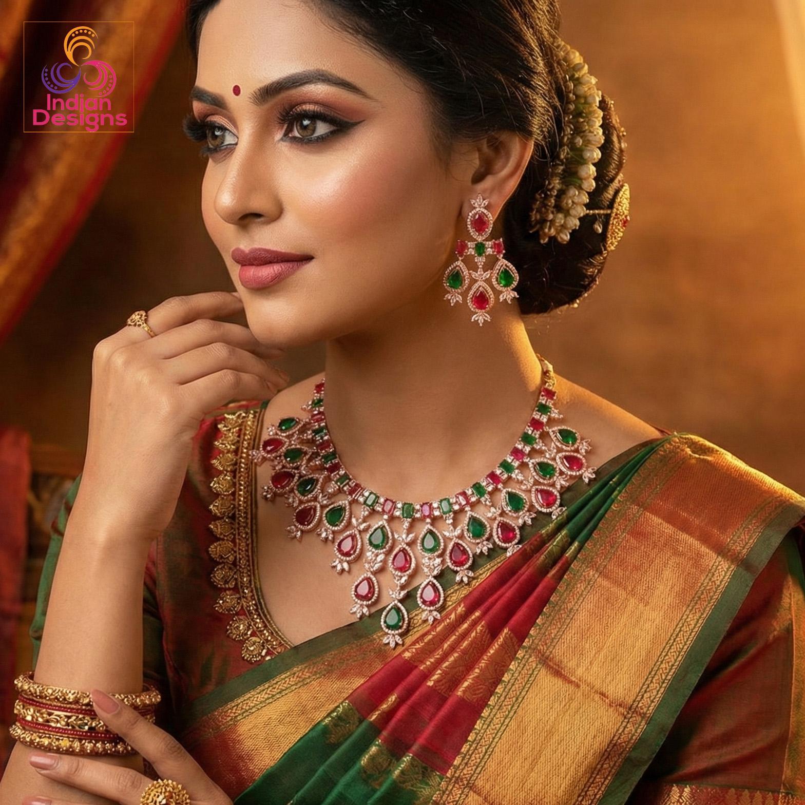 Rose Gold CZ American Diamond Necklace | Pink and Green Tear drop stone necklace