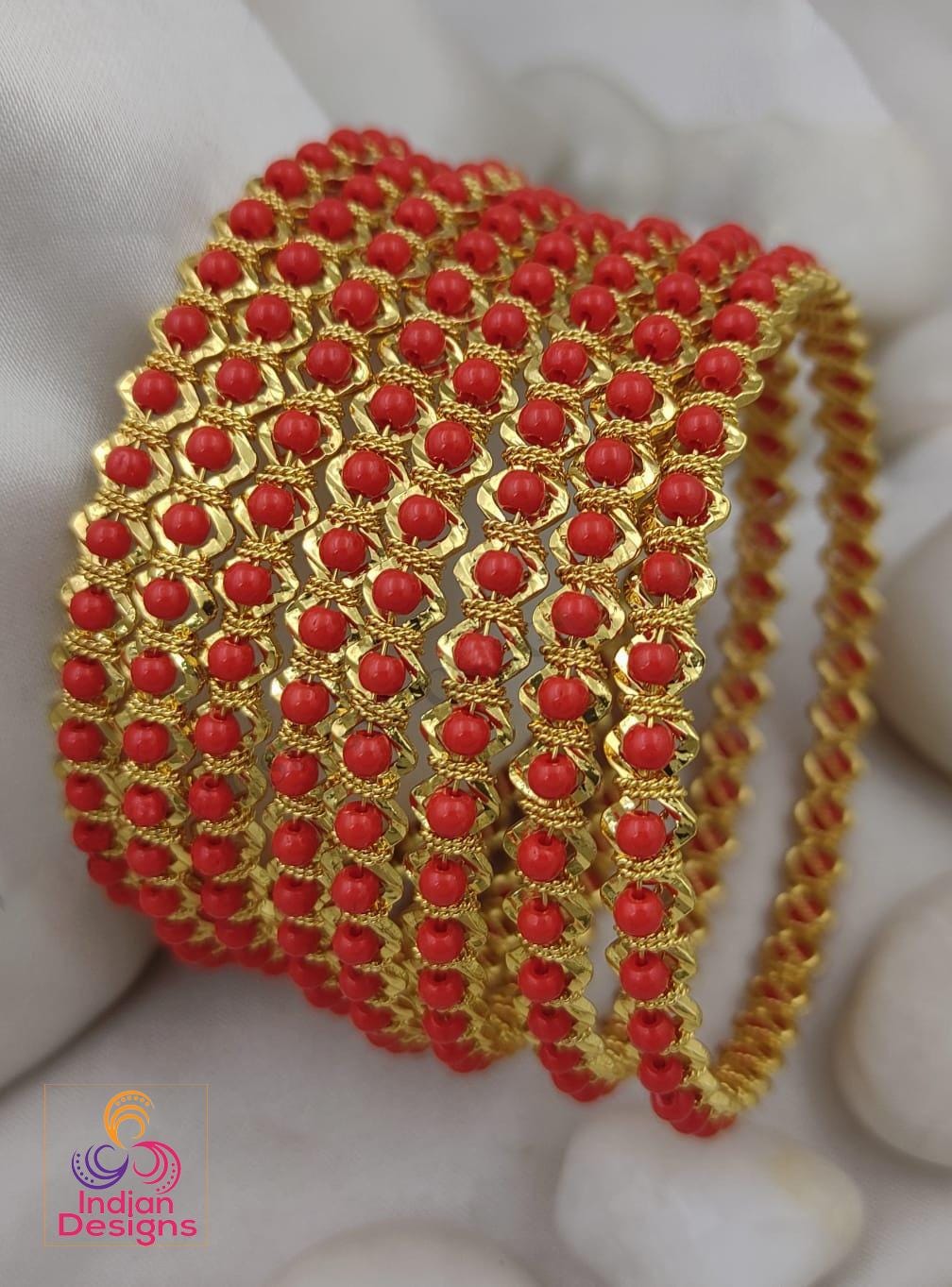 Red Bead Gold Bangles Set of 8| Daily Wear stackable Bangles| Traditional South Indian Jewelry| Red Coral Gold Plated Chudi| Gift for her