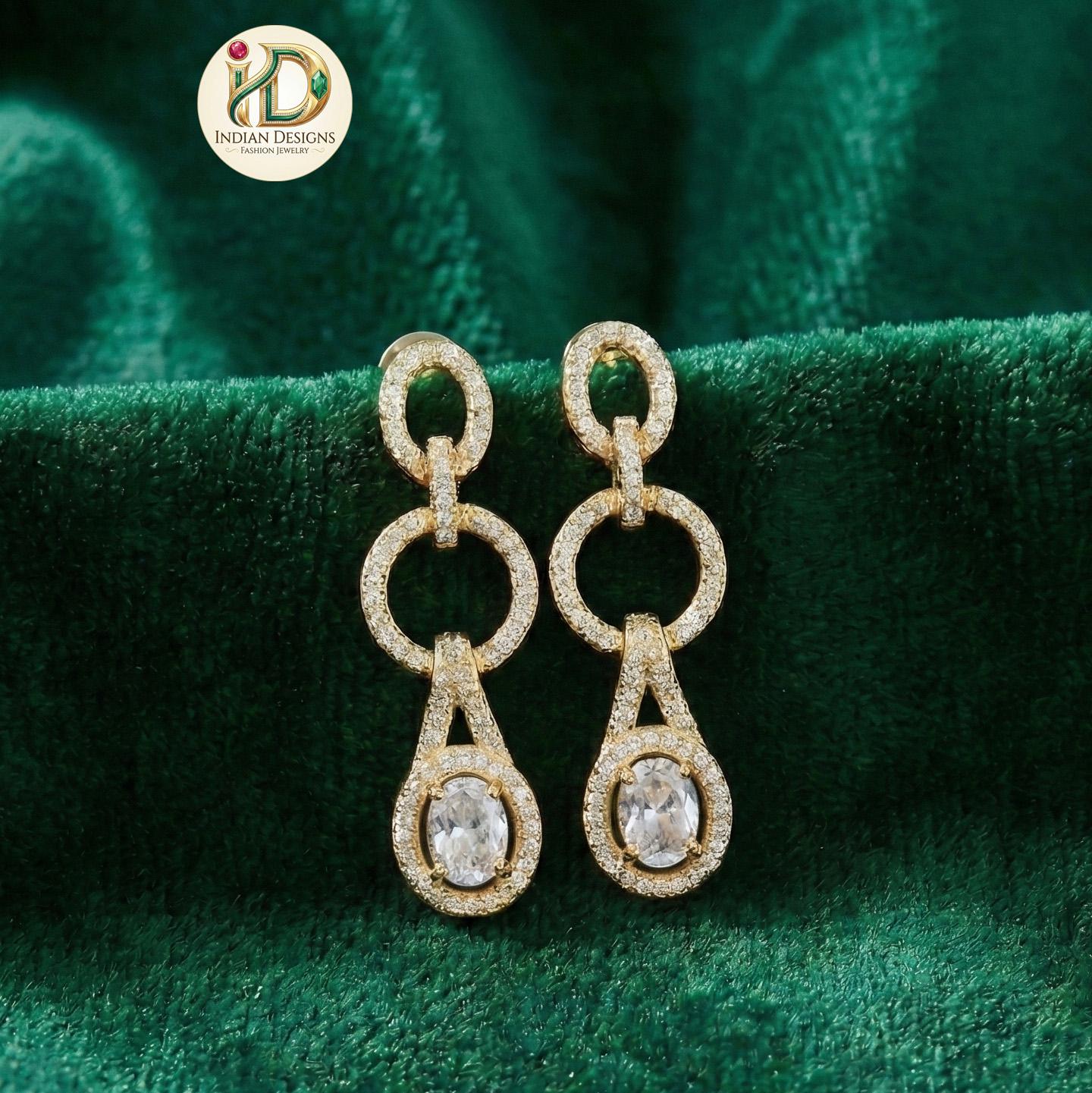 Interlocking Circle Drop Earrings| Modern Geometric Dangle Earrings| Gold Plated CZ Oval Stone Dangle| Contemporary Cocktail Earrings