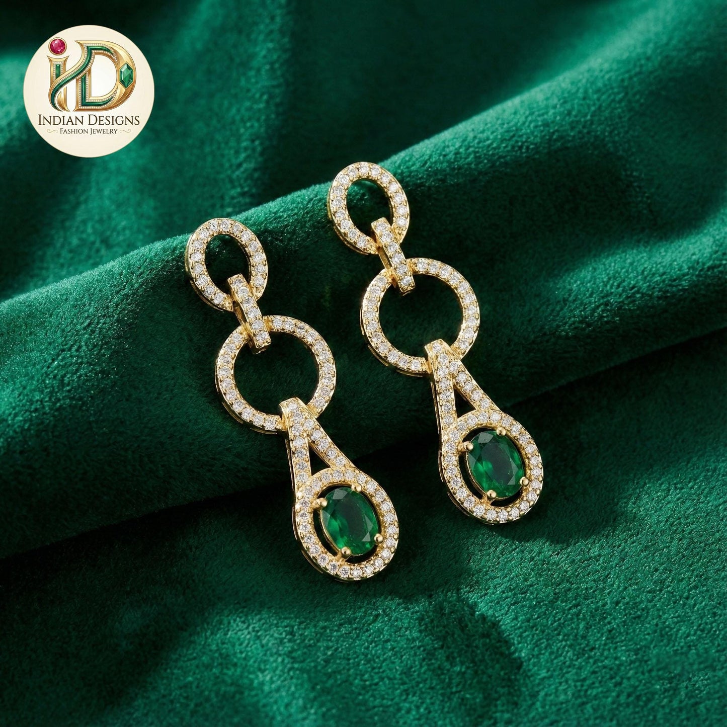 Interlocking Circle Drop Earrings| Modern Geometric Dangle Earrings| Gold Plated CZ Oval Stone Dangle| Contemporary Cocktail Earrings