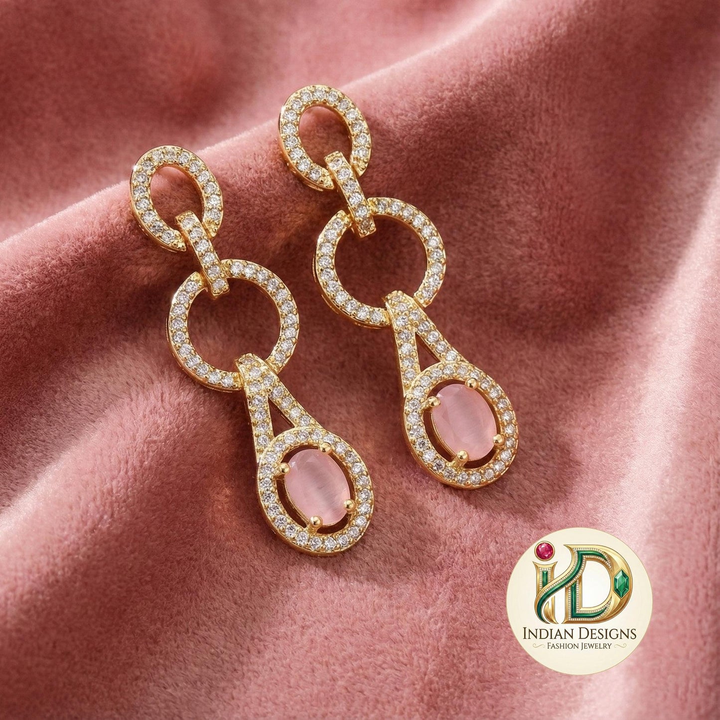 Interlocking Circle Drop Earrings| Modern Geometric Dangle Earrings| Gold Plated CZ Oval Stone Dangle| Contemporary Cocktail Earrings