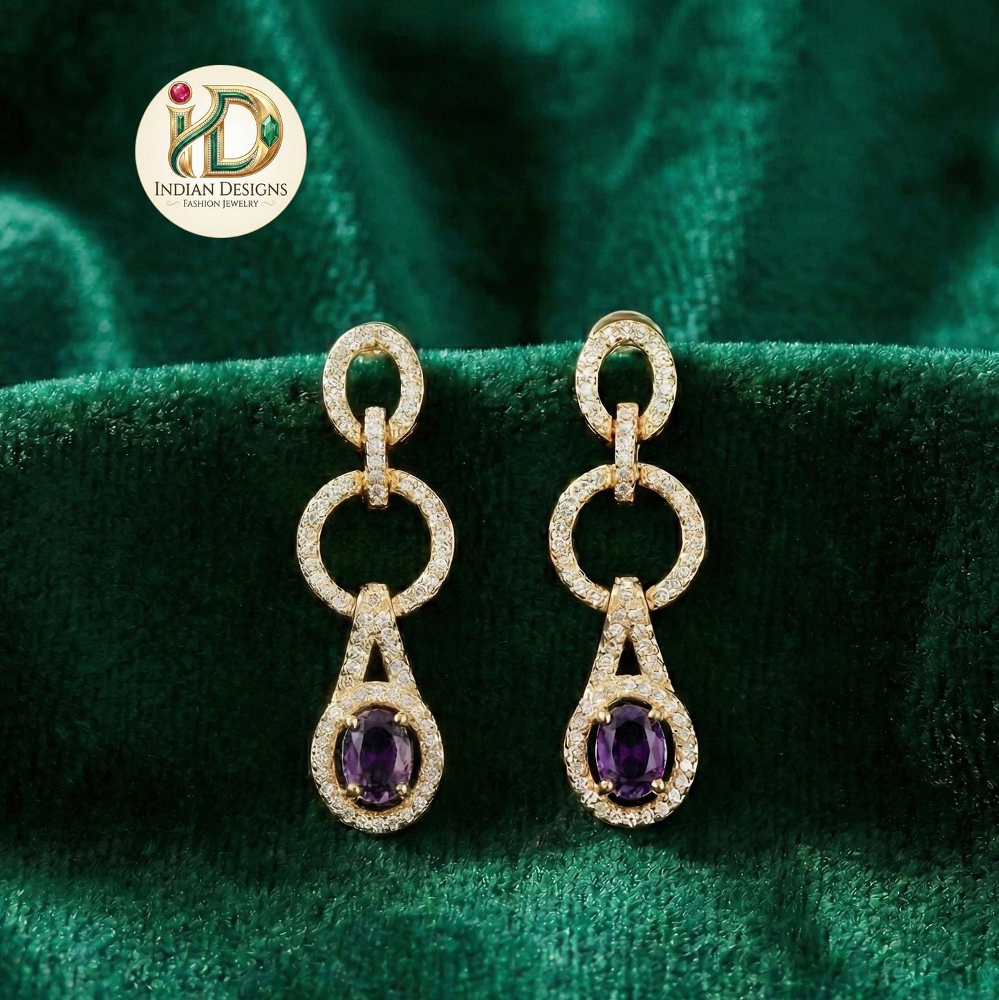 Interlocking Circle Drop Earrings| Modern Geometric Dangle Earrings| Gold Plated CZ Oval Stone Dangle| Contemporary Cocktail Earrings