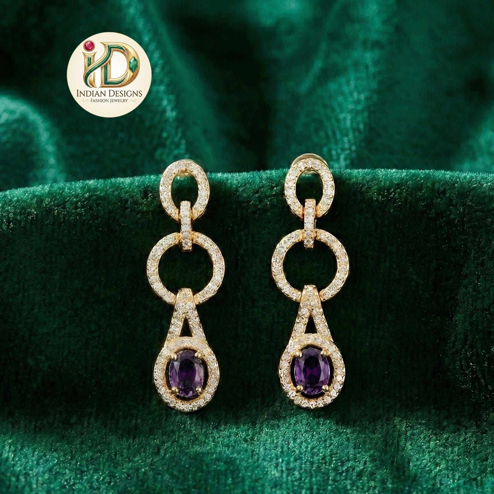 Interlocking Circle Drop Earrings| Modern Geometric Dangle Earrings| Gold Plated CZ Oval Stone Dangle| Contemporary Cocktail Earrings