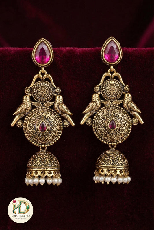 Antique Gold Peacock Jhumka Earrings| Indian Traditional Pearl Drop Jhumki| Matte Gold Finish Traditional Indian Jewelry| Gift for her