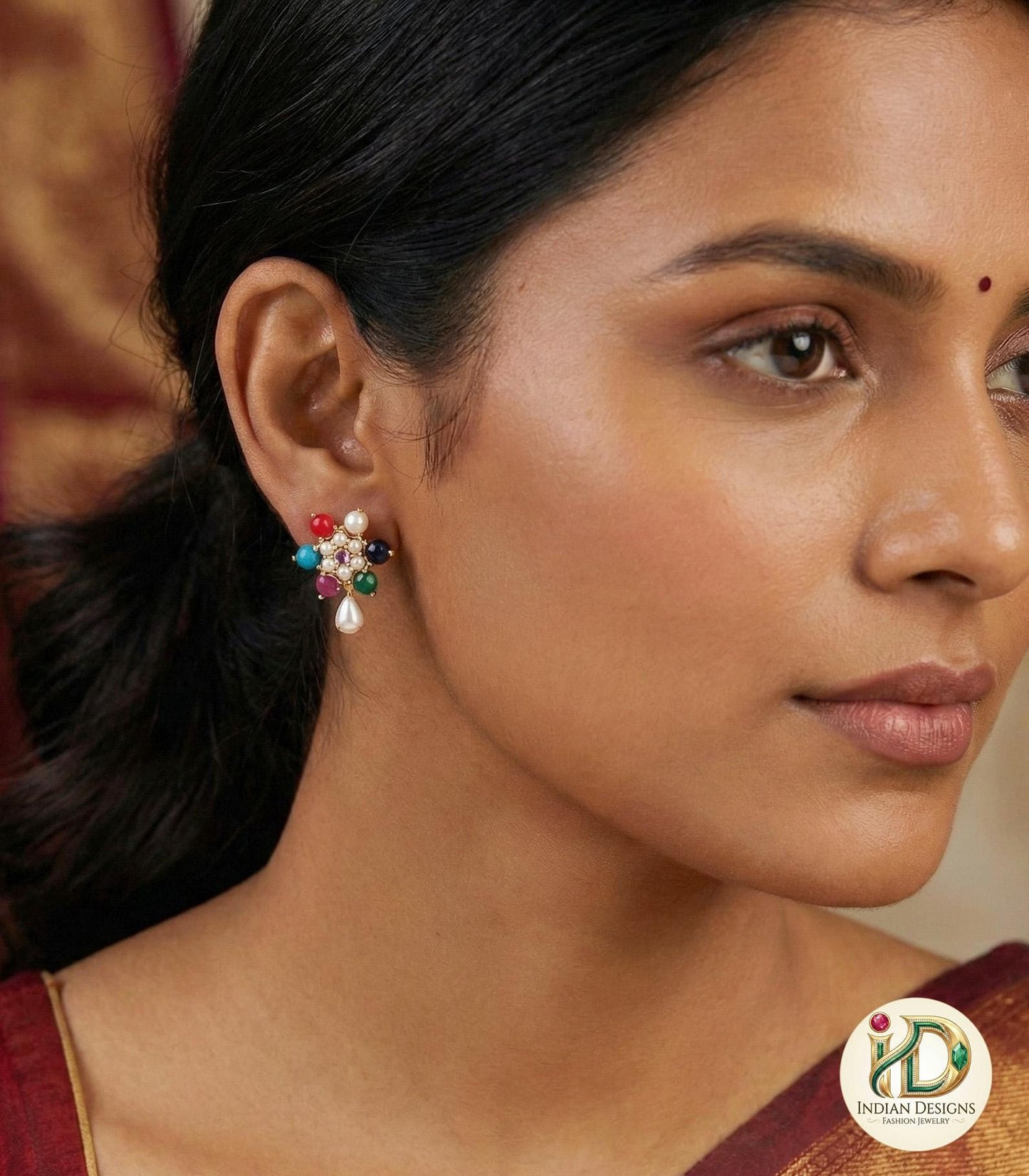 Multi Color Stone Studs| Pearl Drop Floral Earrings| Navratna Style Gold Plated Tops| 1 Inch Festive Jewelry| Colorful Earrings|Gift for her
