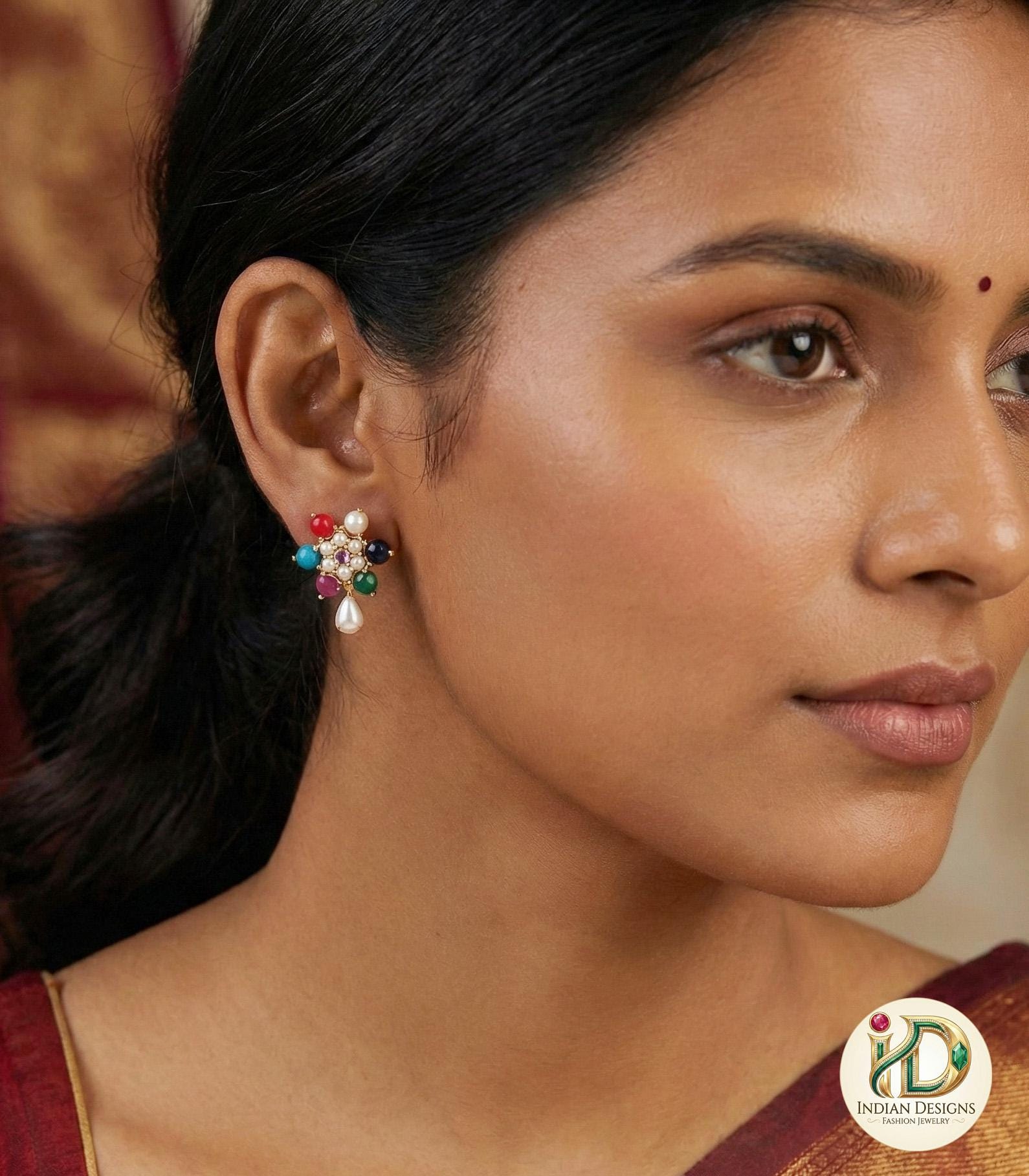 Multi Color Stone Studs| Pearl Drop Floral Earrings| Navratna Style Gold Plated Tops| 1 Inch Festive Jewelry| Colorful Earrings|Gift for her