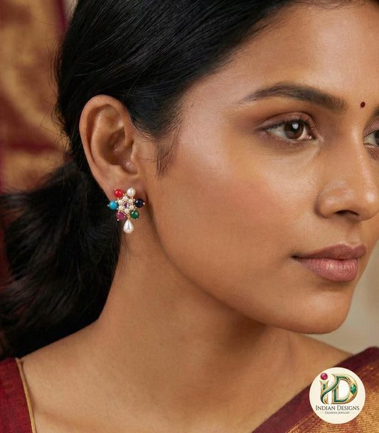 Multi Color Stone Studs| Pearl Drop Floral Earrings| Navratna Style Gold Plated Tops| 1 Inch Festive Jewelry| Colorful Earrings|Gift for her