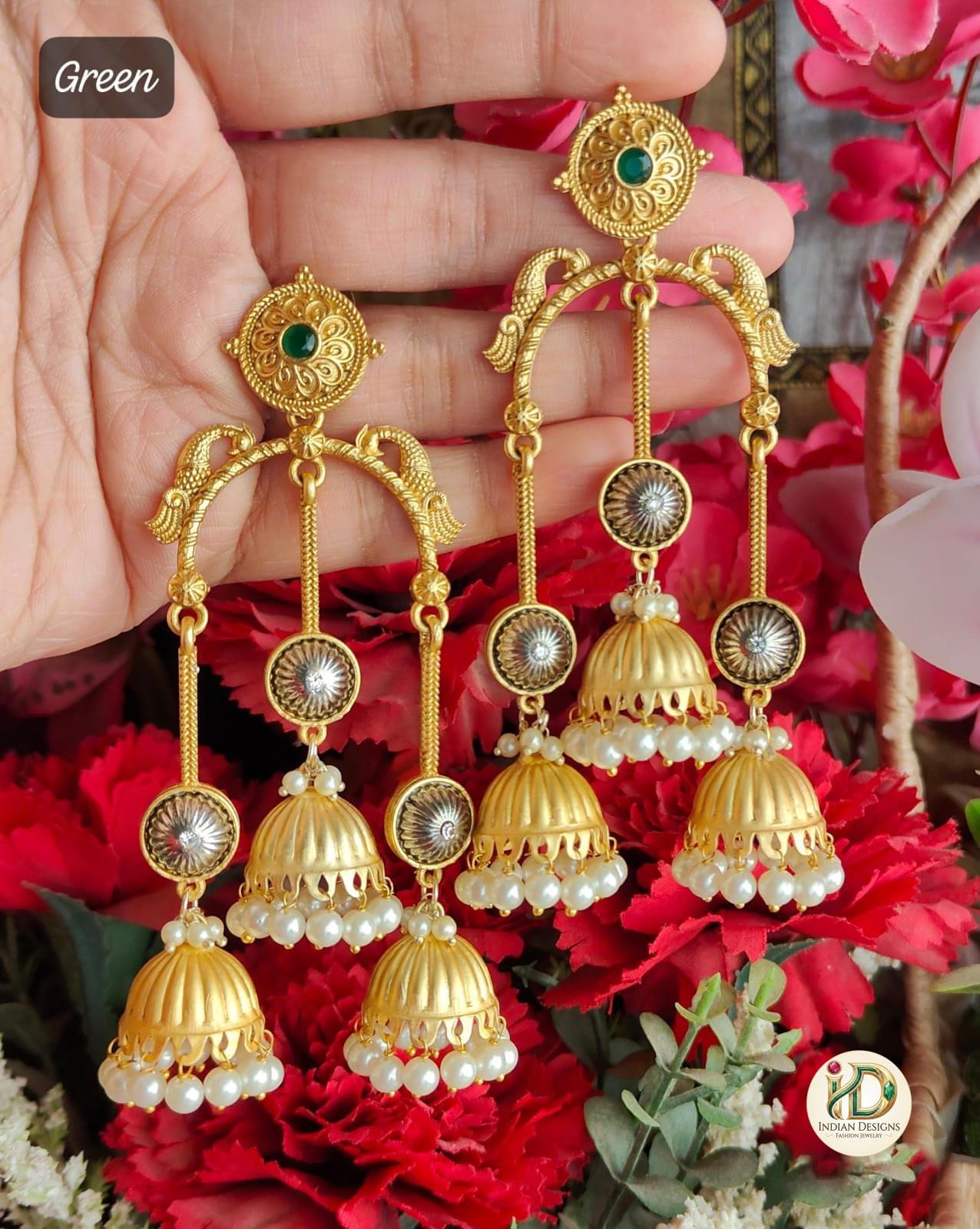 Antique Gold Triple Jhumka Earrings| Long Peacock Jhumki| Oxidized Silver & Gold Indian Statement Earrings| Bohemian Ethnic Jewelry