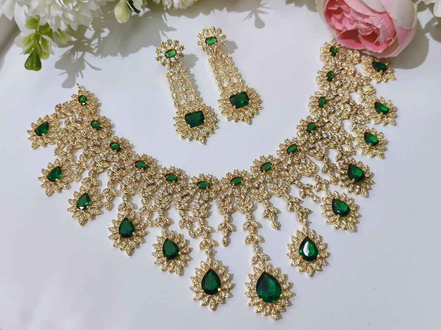 Emerald Green American Diamond Necklace Set| Gold CZ Bridal Choker| Indian Wedding Jewelry| Diamond Look Statement Necklace| Gift for her