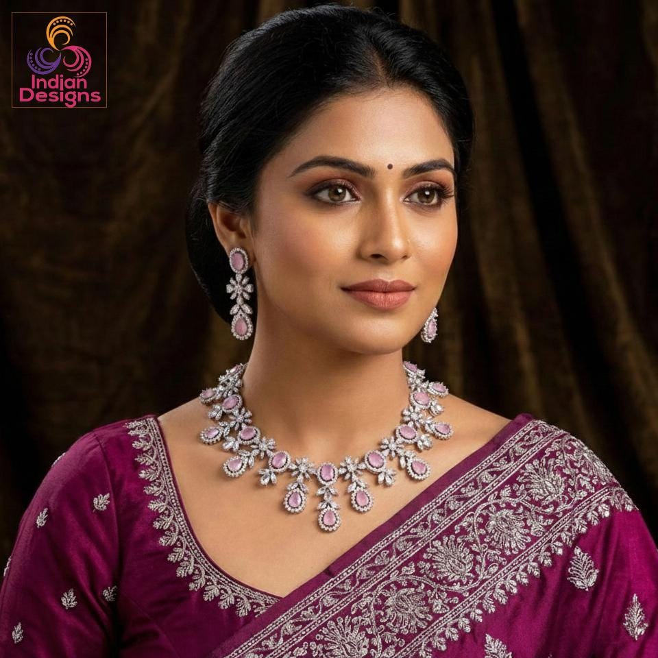 American Diamond Silver Necklace & Earrings Wedding Jewelry set| Gift for her| Indian Jewelry|Statement Necklace|choker set with Pink stones