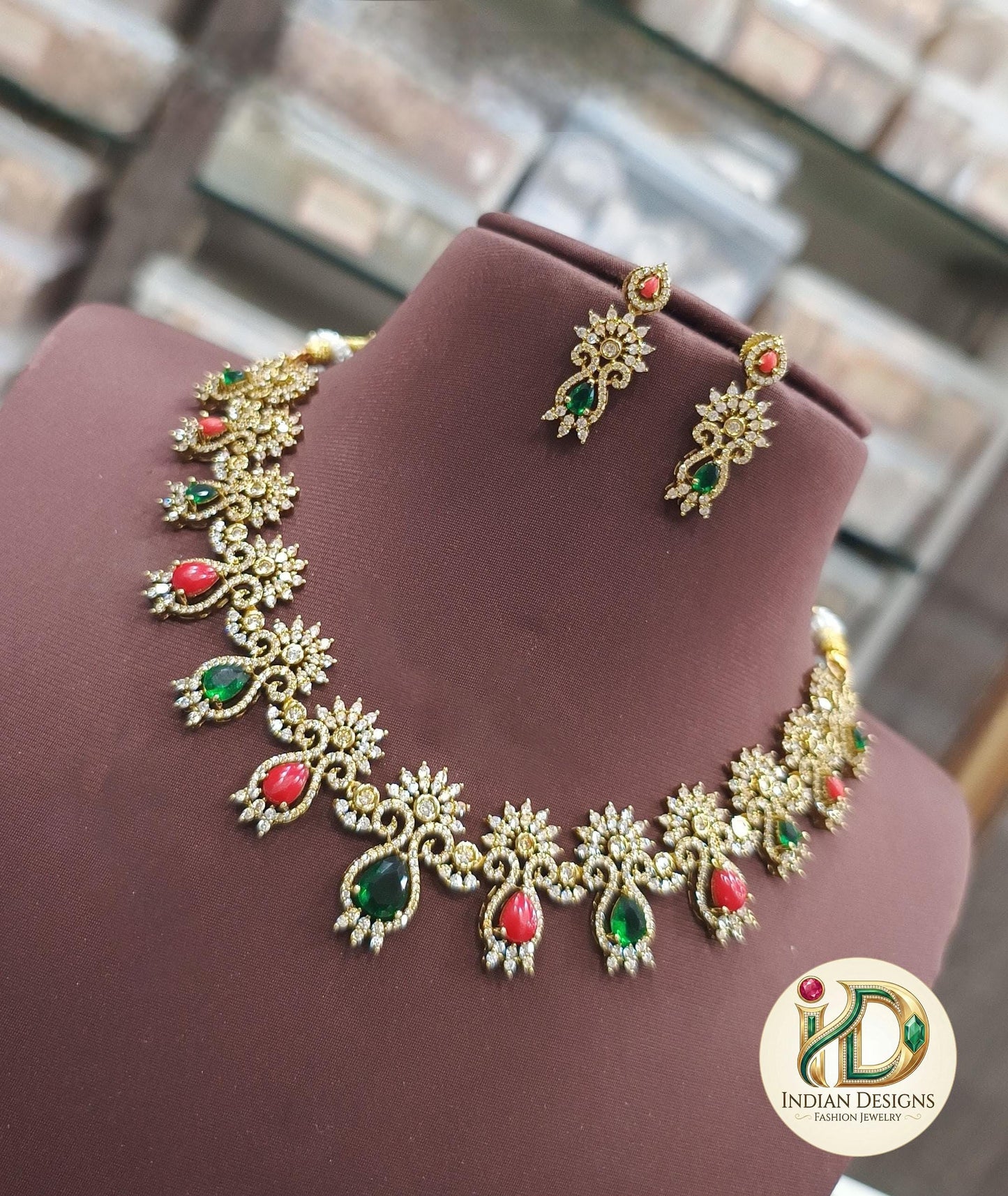 Antique Gold Coral Emerald Necklace Set| Traditional Indian Wedding Set| CZ Floral Necklace & Earrings| Moonga Stone Necklace| gift for her|