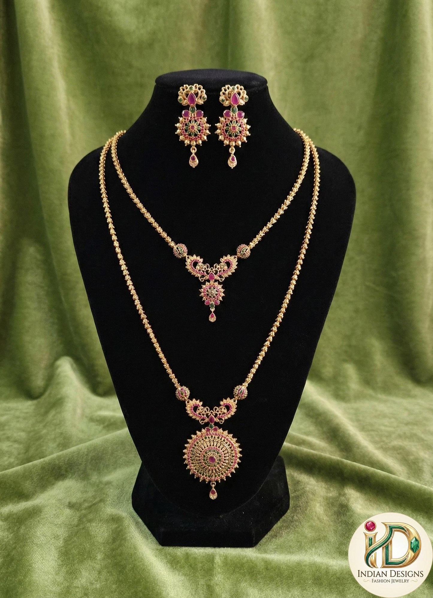 Traditional Ruby Green AD Long & Short Necklace Set| South Indian Bridal Jewelry| Temple Style Necklace Set with Earrings| Gift for Her