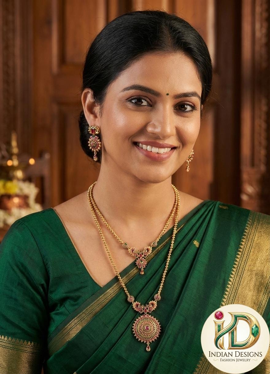 Traditional Ruby Green AD Long & Short Necklace Set| South Indian Bridal Jewelry| Temple Style Necklace Set with Earrings| Gift for Her