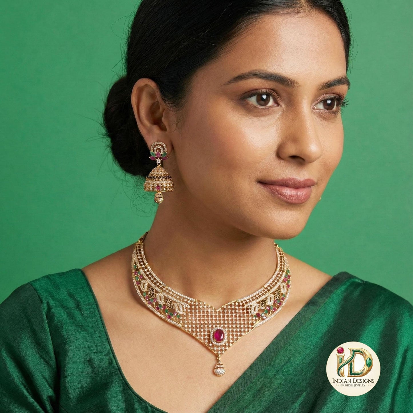 Gold-Plated Designer Net Necklace Set with Ruby, Emerald, and White CZ Stones – Bridal Jewelry with Jhumkas for Weddings & Special Occasions