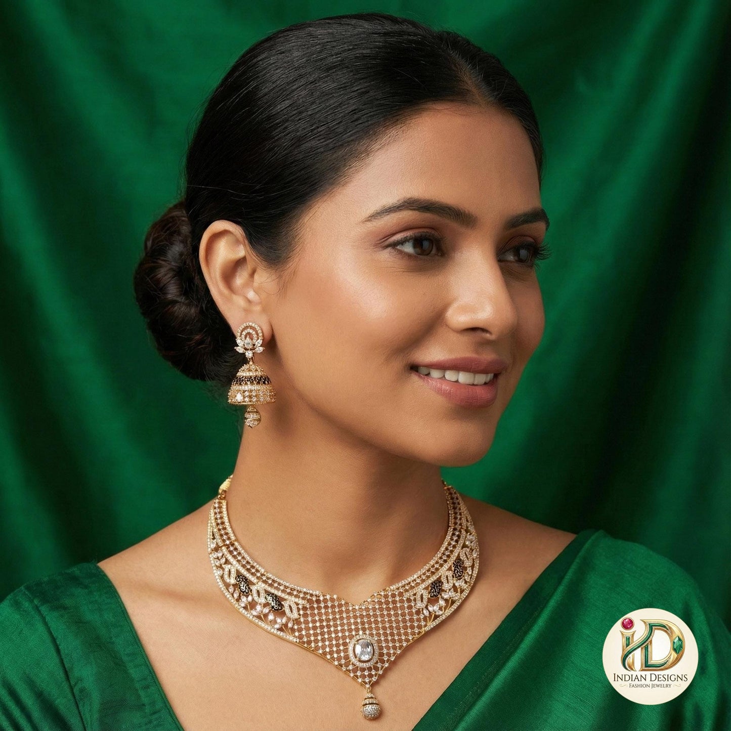 Gold-Plated Designer Net Necklace Set with Ruby, Emerald, and White CZ Stones – Bridal Jewelry with Jhumkas for Weddings & Special Occasions