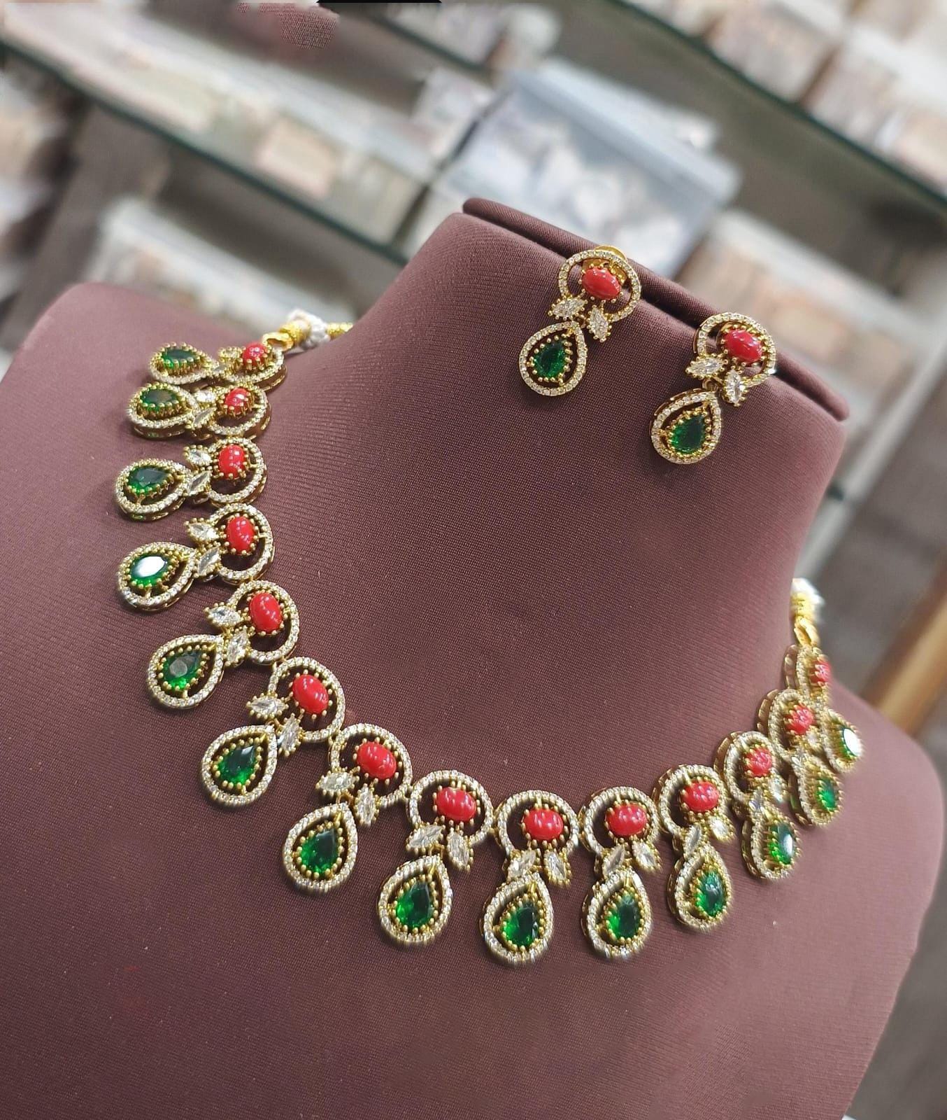 Gold Plated Coral & Green Stone Necklace Set| Traditional Indian Choker| Bollywood Wedding Jewelry| Moonga Stone Necklace| gift for her|