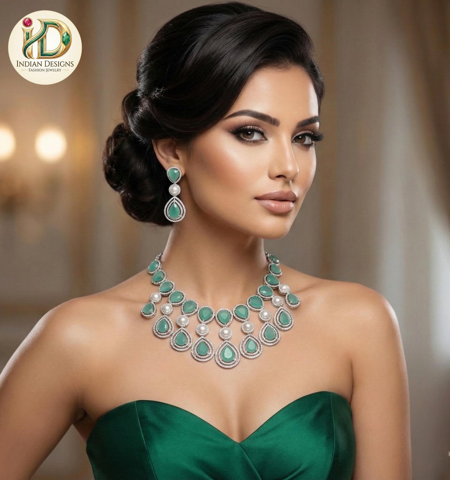 Exclusively High quality American diamond Tear drop Pear shaped CZ color stone Necklace | Silver AD necklace Earring set
