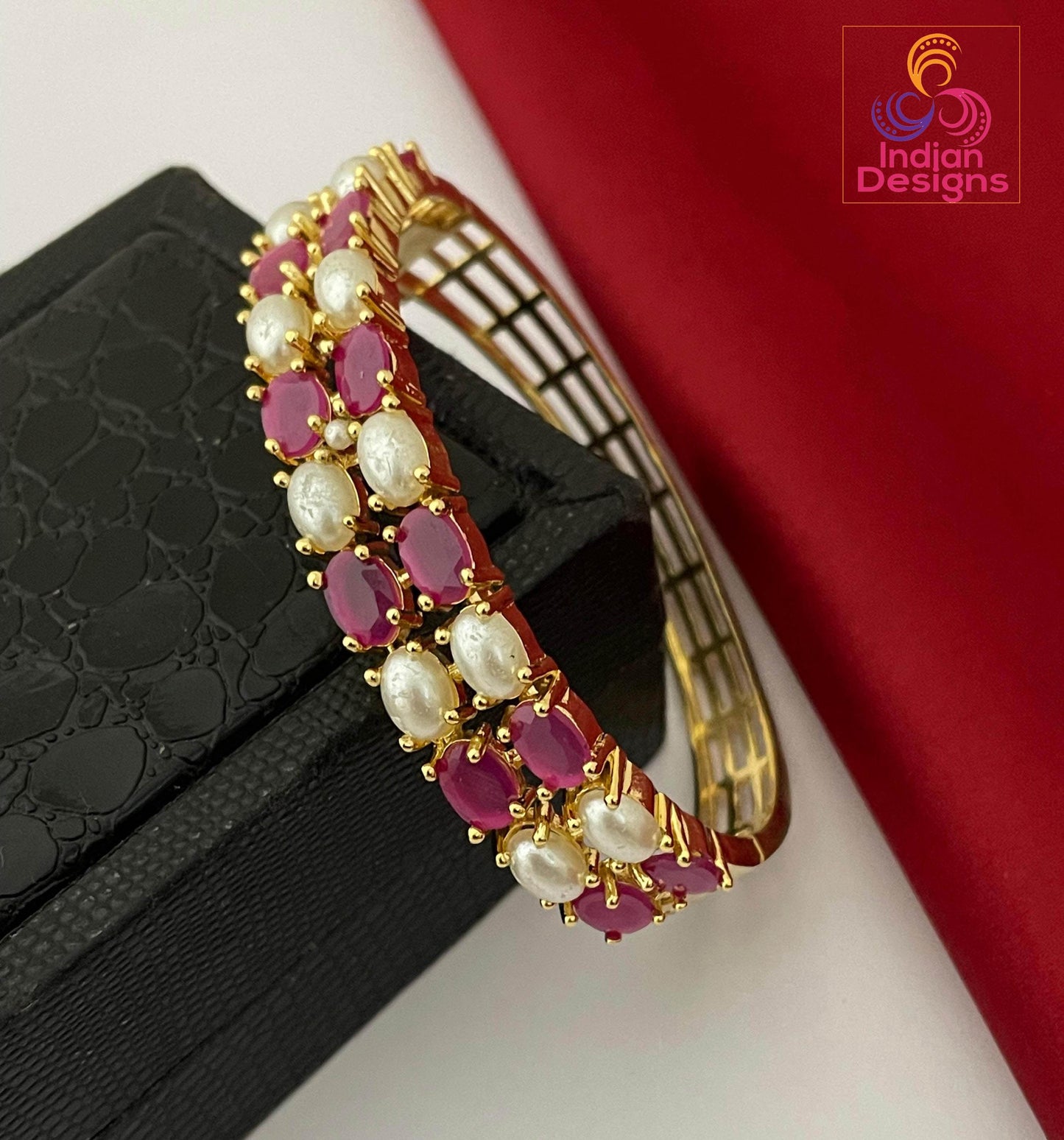 Gold Plated AD Stone Bangle| Openable Ruby Emerald Pearl Bracelet| Bollywood Wedding Jewelry| Indian Bangle| Traditional Ethnic Gift for Her