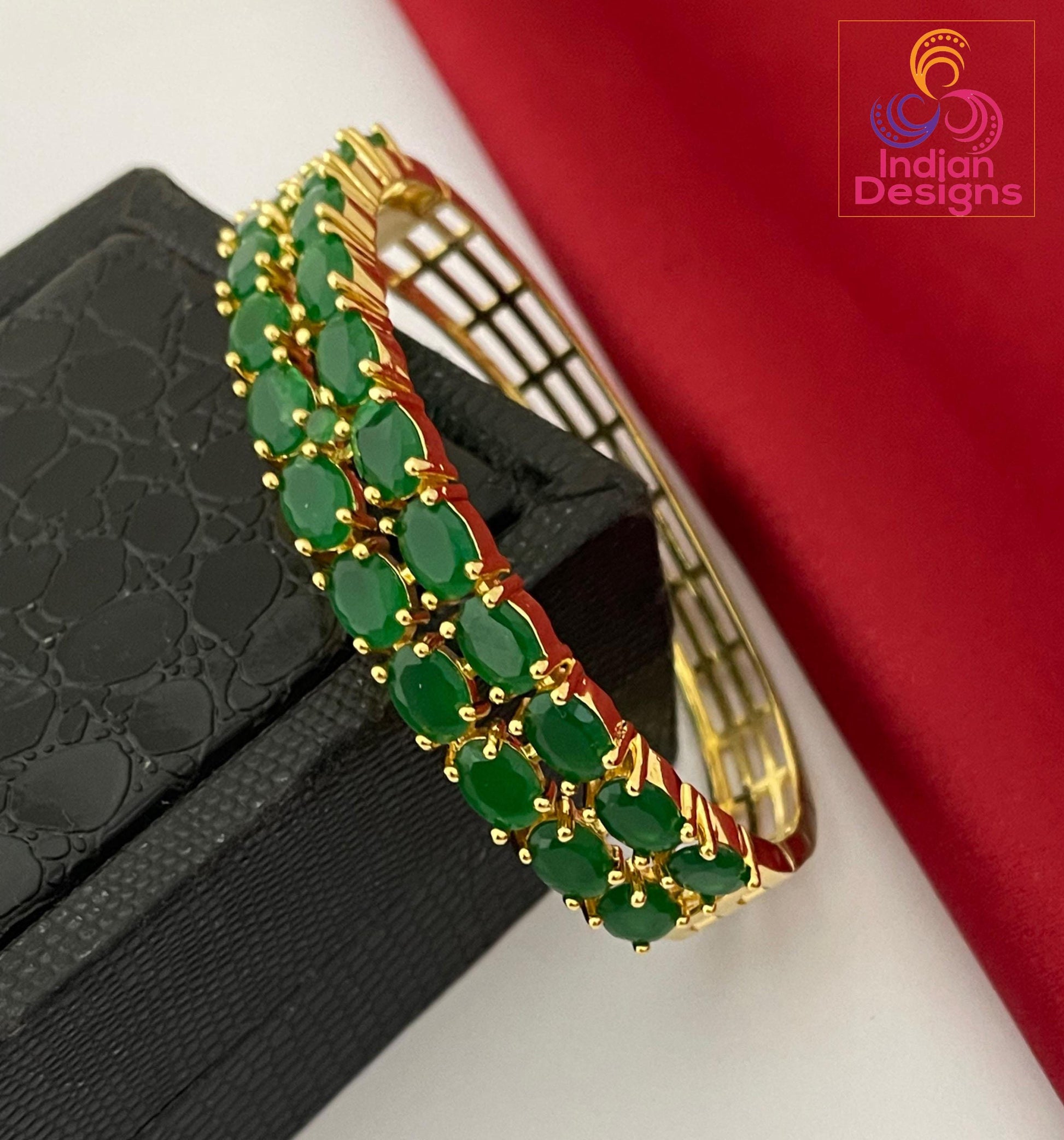 Gold Plated AD Stone Bangle| Openable Ruby Emerald Pearl Bracelet| Bollywood Wedding Jewelry| Indian Bangle| Traditional Ethnic Gift for Her