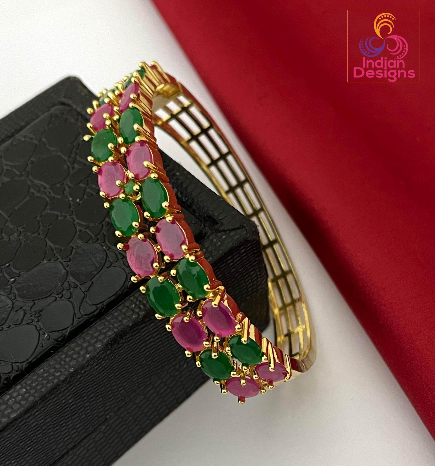 Gold Plated AD Stone Bangle| Openable Ruby Emerald Pearl Bracelet| Bollywood Wedding Jewelry| Indian Bangle| Traditional Ethnic Gift for Her