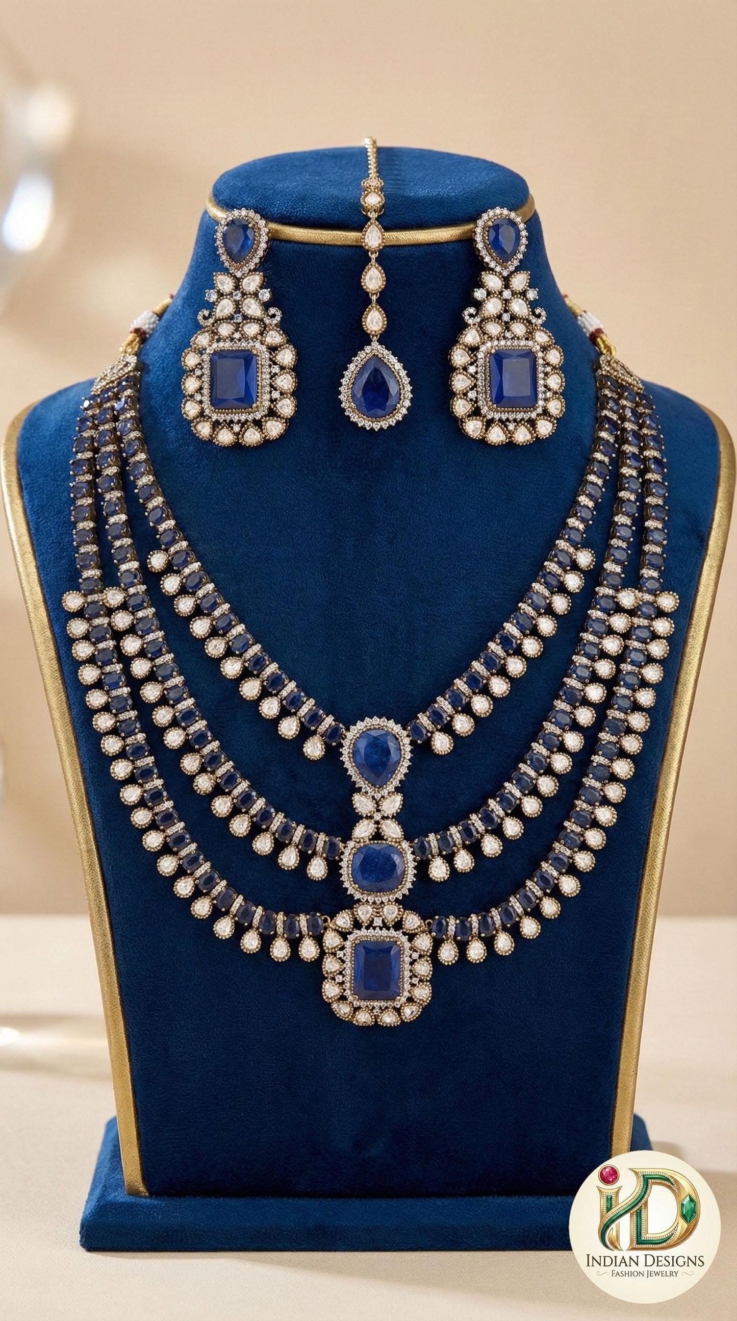 Turquoise Dull-Gold Moissanite Doublet Stone Necklace| Indian Wedding Jewelry| Sabyasachi Necklace| Multi-layered Necklace Set| gift for her