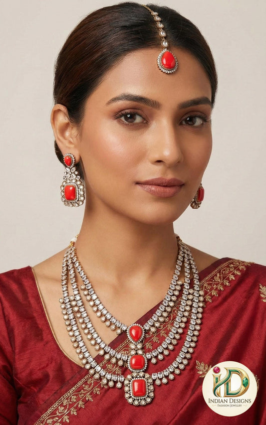 Red Doublet Stone Bridal Necklace Set, Long Indian Rani Haar, Antique Gold Jewelry, Wedding Maang Tikka set, Ruby Color Sabyasachi Style