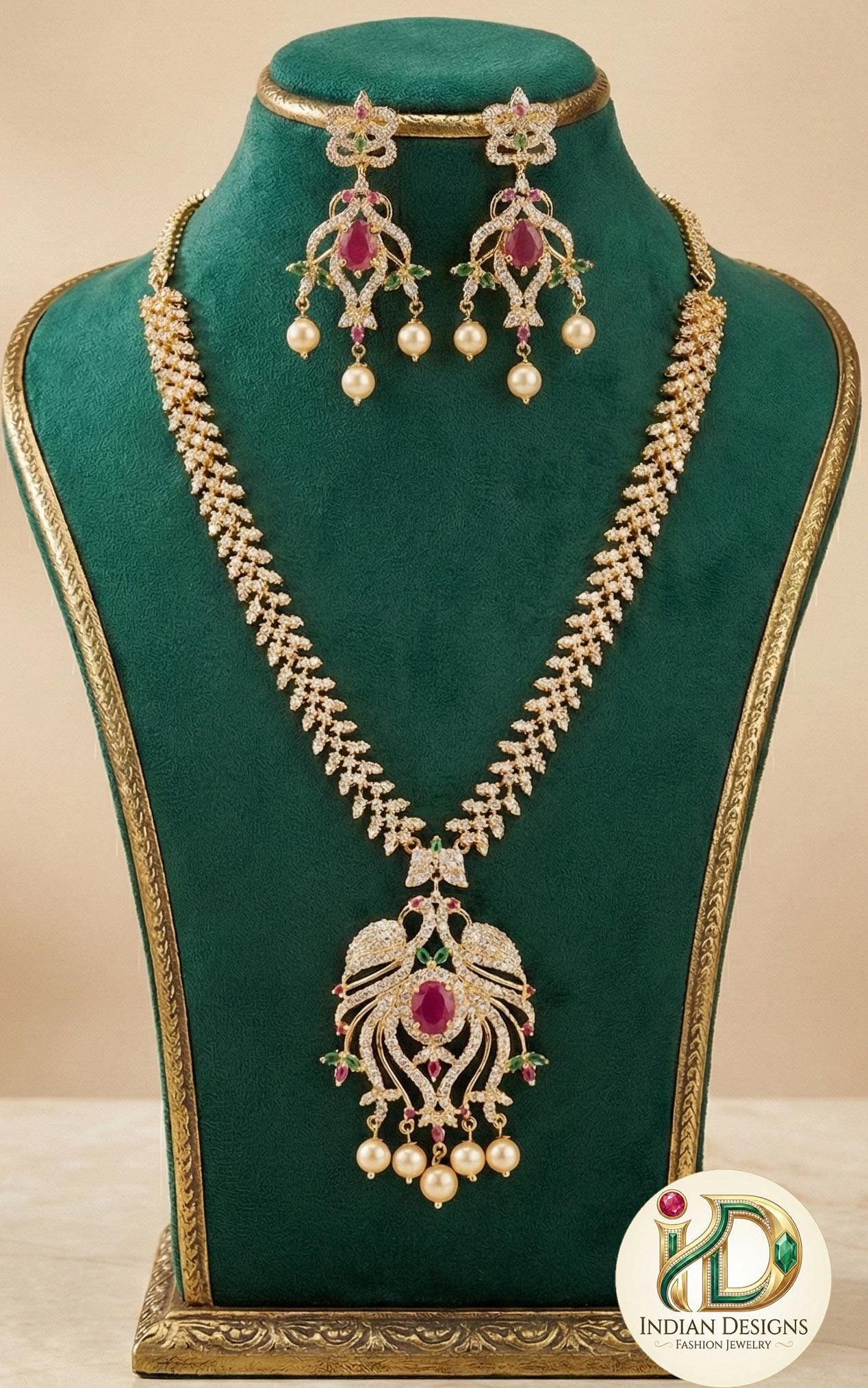 American Diamond Necklace Earring set Peacock Design |Gold Plated Peacock American Diamond Necklace with Ruby Emerald stones |Indian Jewelry