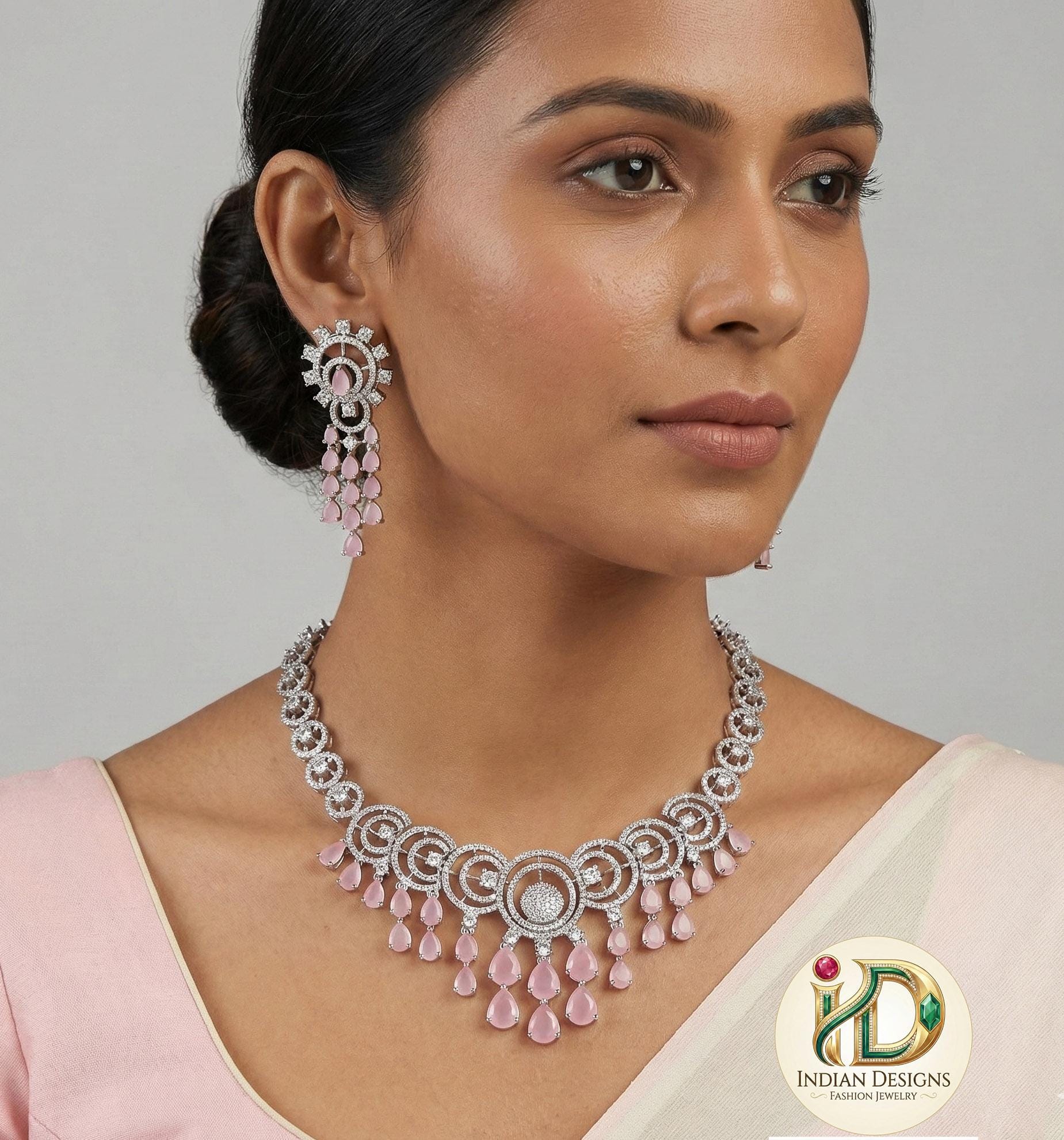 Circles & Teardrop Stone Necklace Set | Bridal Jewelry Set with Earrings | CZ Diamond Necklace | Available in Multiple Colors | Gift for Her