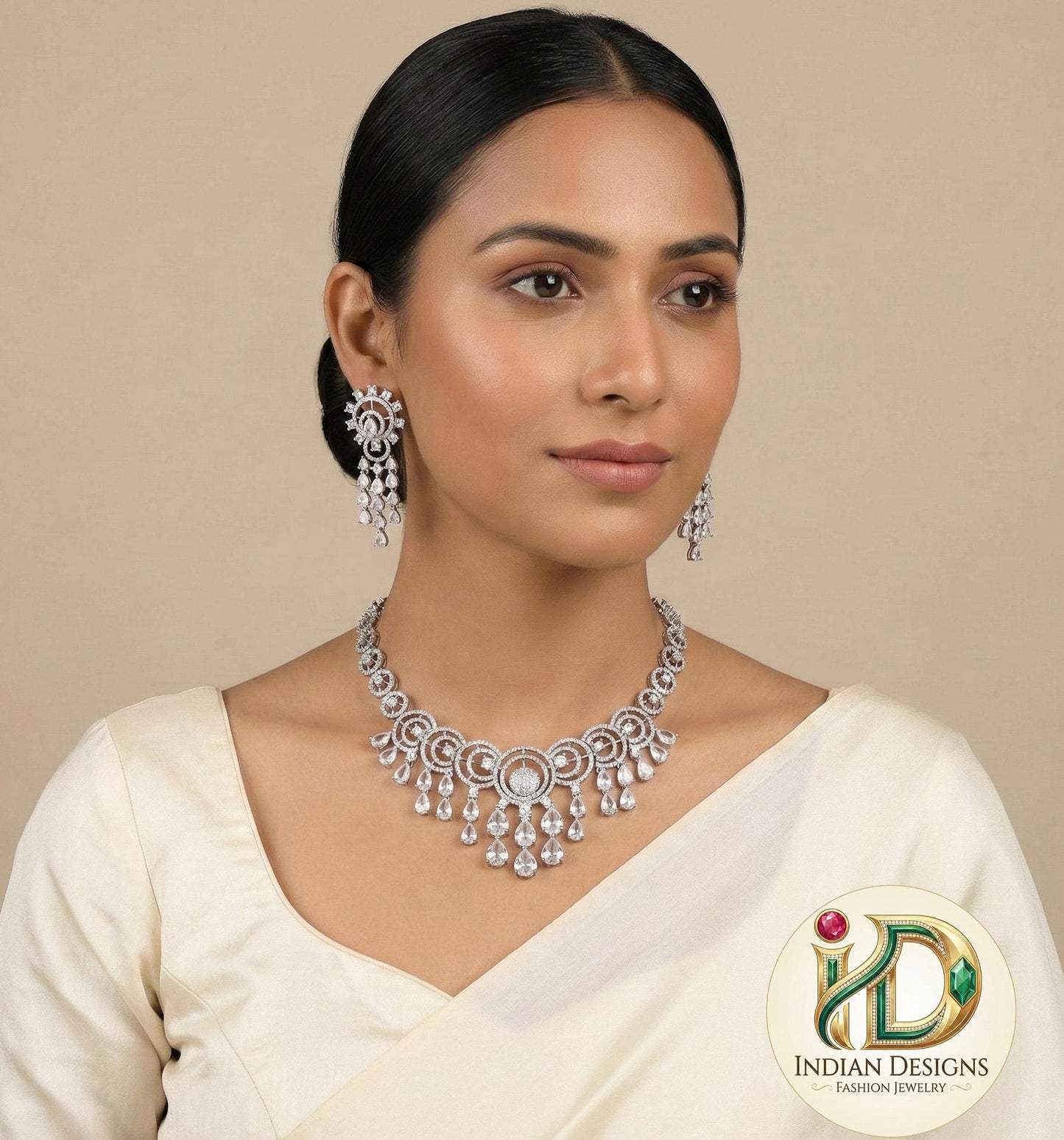 Circles & Teardrop Stone Necklace Set | Bridal Jewelry Set with Earrings | CZ Diamond Necklace | Available in Multiple Colors | Gift for Her