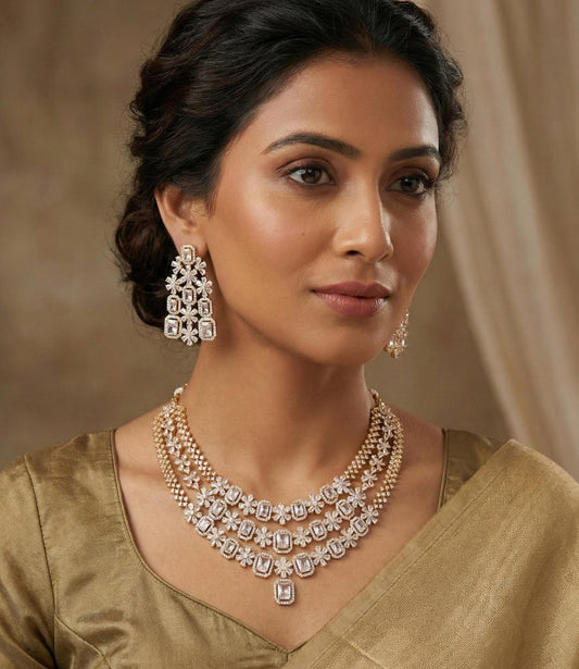 American Diamond Multi-Layer Necklace and Earrings set with CZ Topaz/Ruby Stones| Statement Wedding Necklace| Indian Jewelry| Gift for her