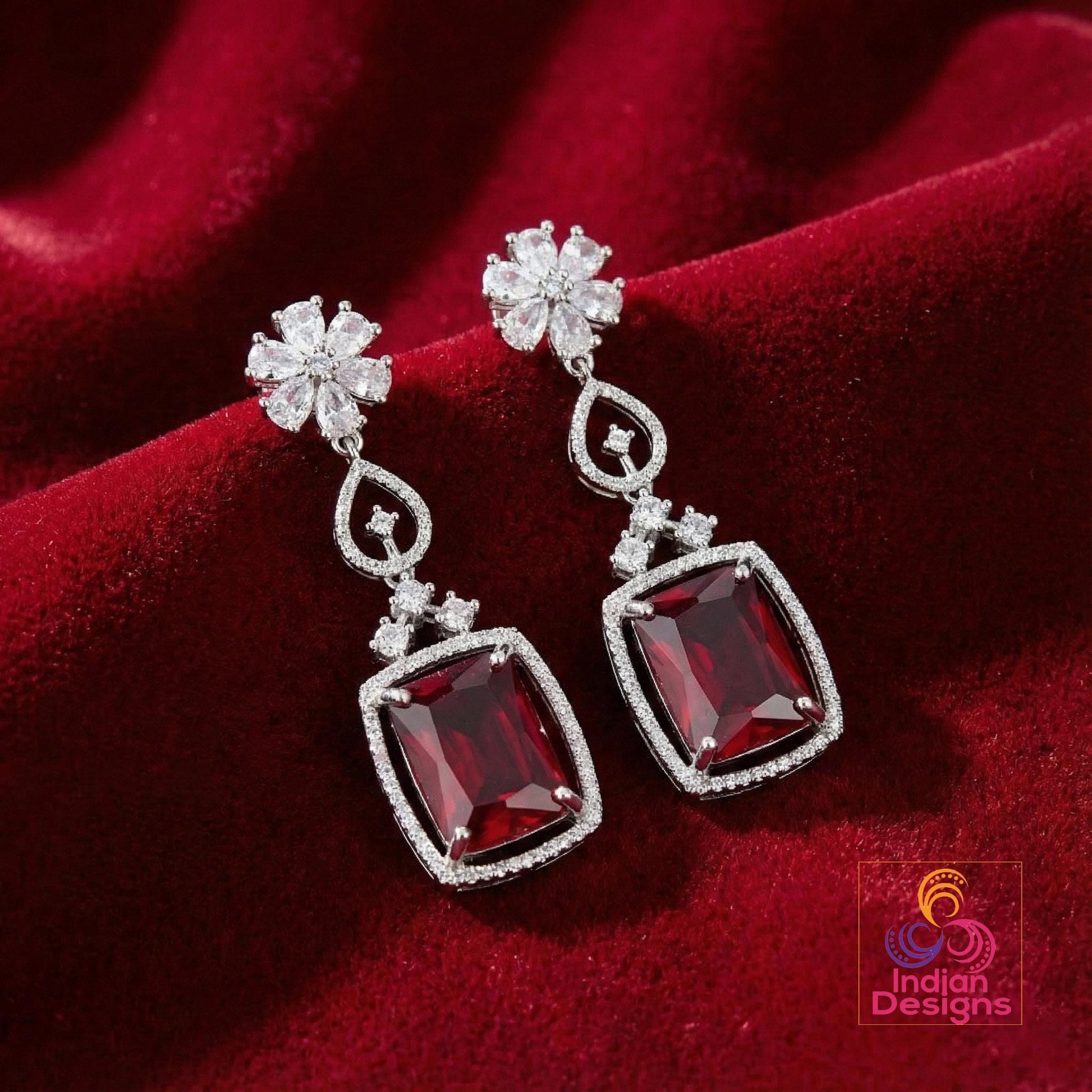 Silver American Diamond Earrings| Rectangular Cushion Cut CZ Drop| Floral Stud Dangle|Indian Wedding Jewelry|Emerald Ruby Sapphire Mint Pink