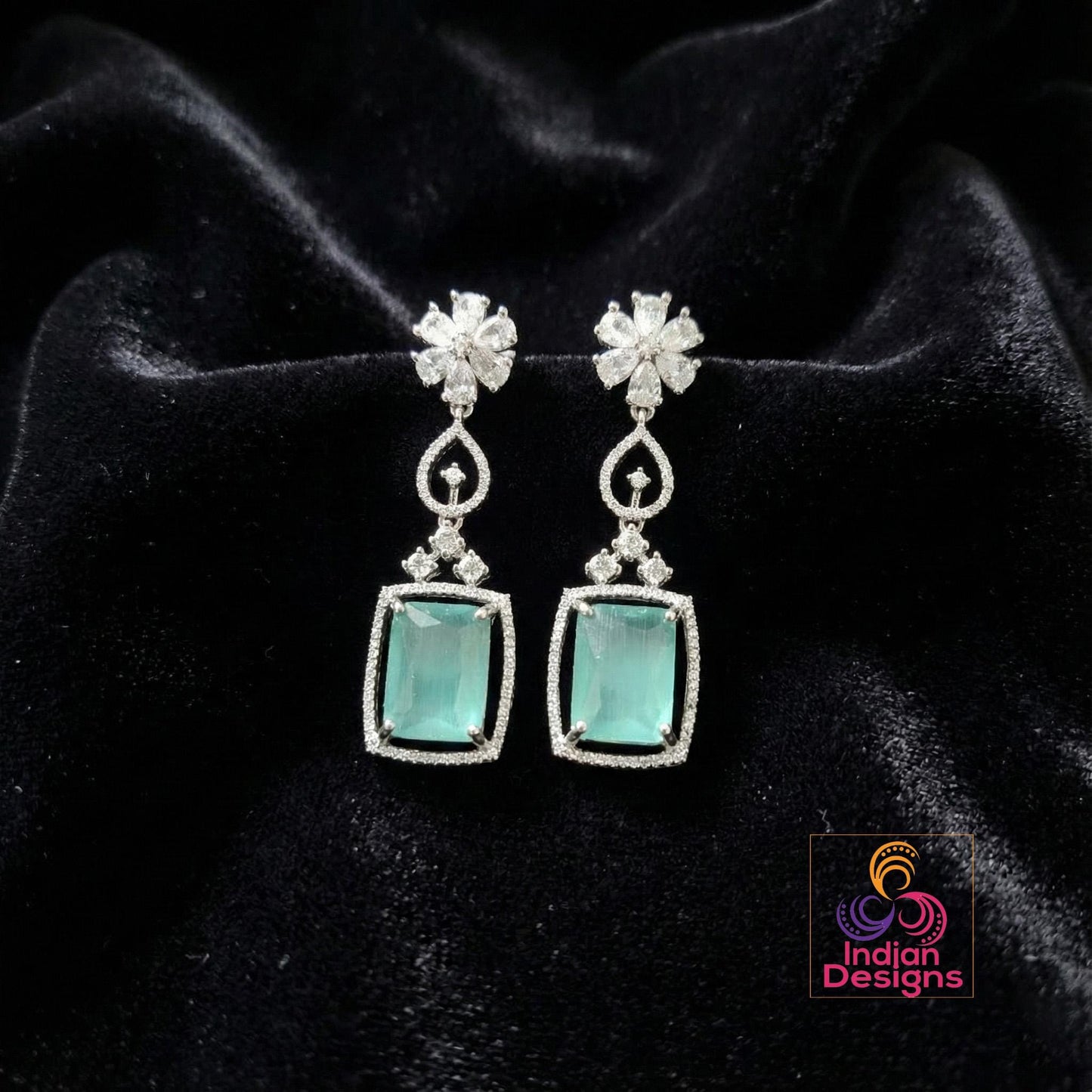 Silver American Diamond Earrings| Rectangular Cushion Cut CZ Drop| Floral Stud Dangle|Indian Wedding Jewelry|Emerald Ruby Sapphire Mint Pink