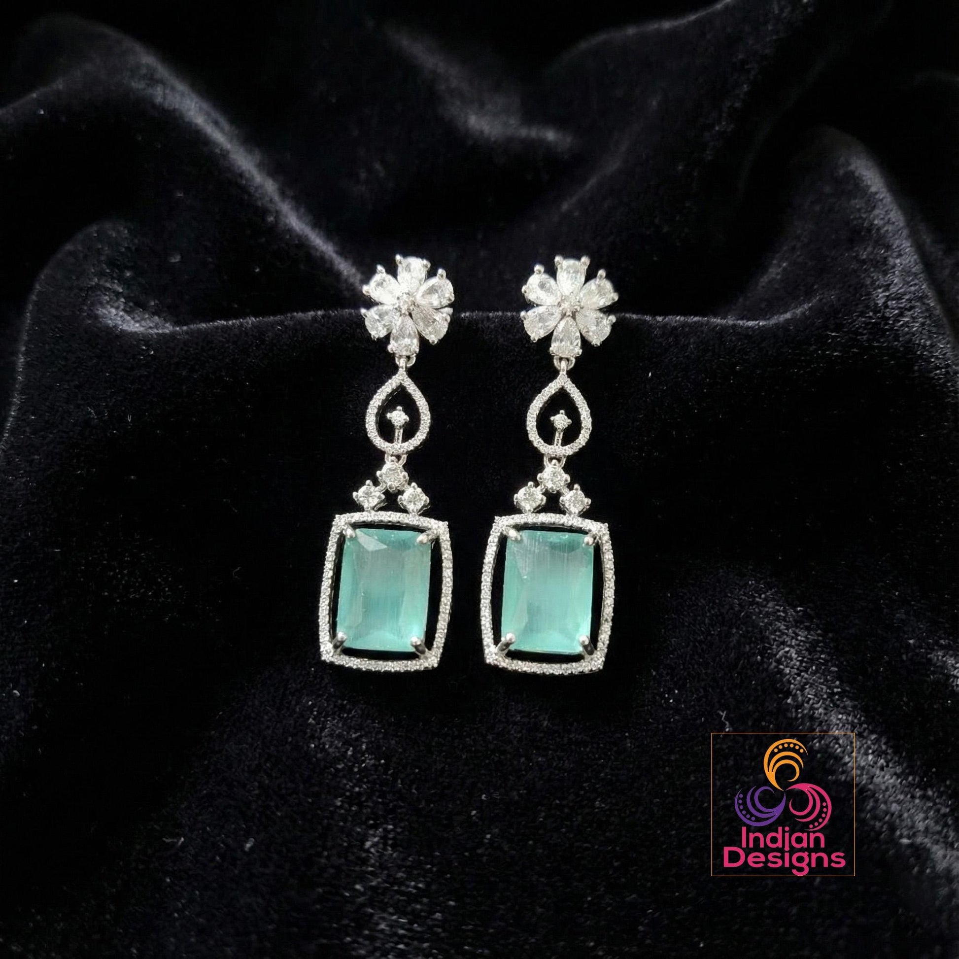 Silver American Diamond Earrings| Rectangular Cushion Cut CZ Drop| Floral Stud Dangle|Indian Wedding Jewelry|Emerald Ruby Sapphire Mint Pink