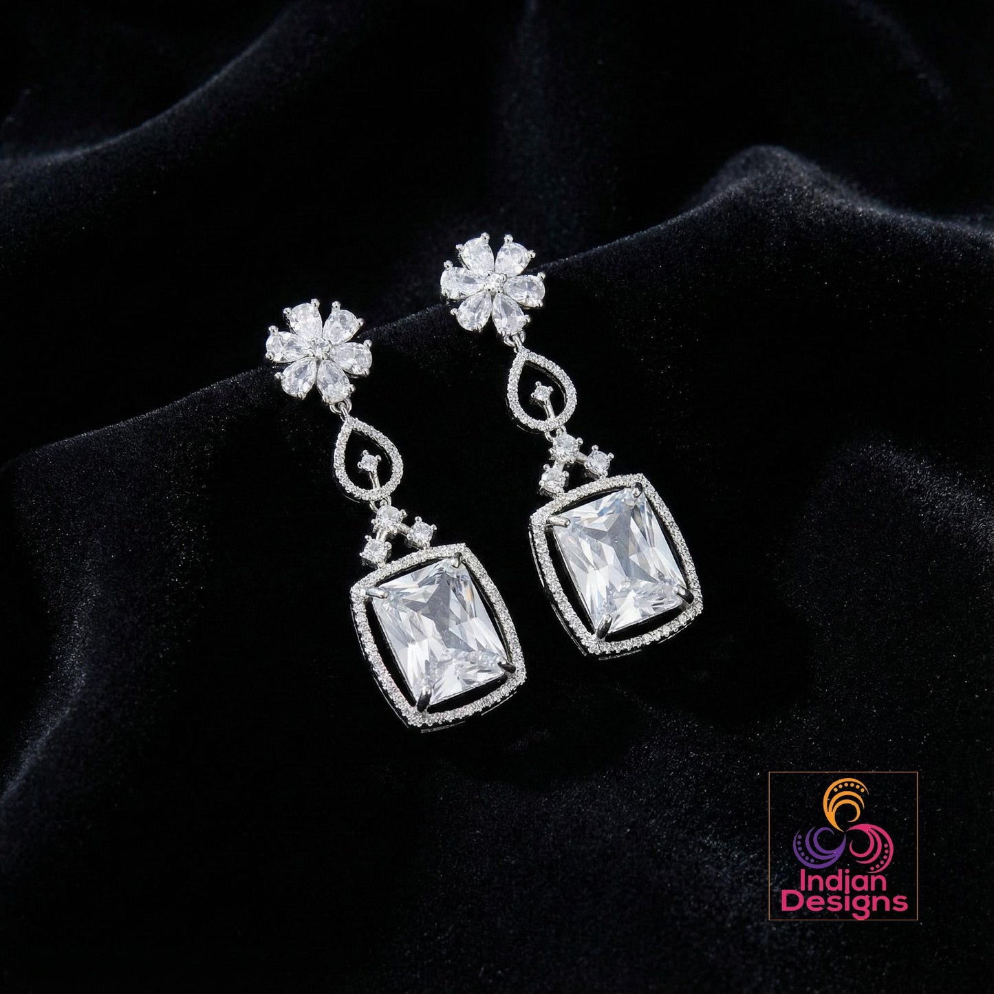 Silver American Diamond Earrings| Rectangular Cushion Cut CZ Drop| Floral Stud Dangle|Indian Wedding Jewelry|Emerald Ruby Sapphire Mint Pink