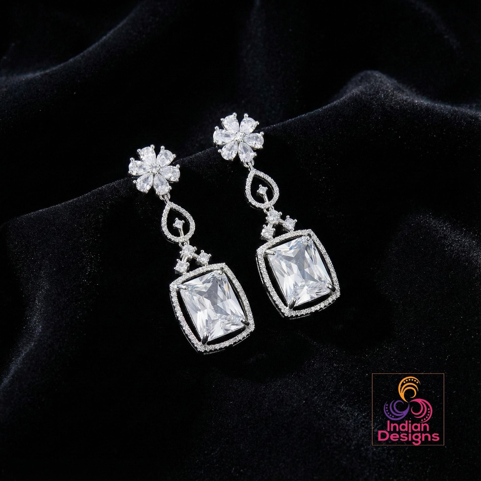 Silver American Diamond Earrings| Rectangular Cushion Cut CZ Drop| Floral Stud Dangle|Indian Wedding Jewelry|Emerald Ruby Sapphire Mint Pink