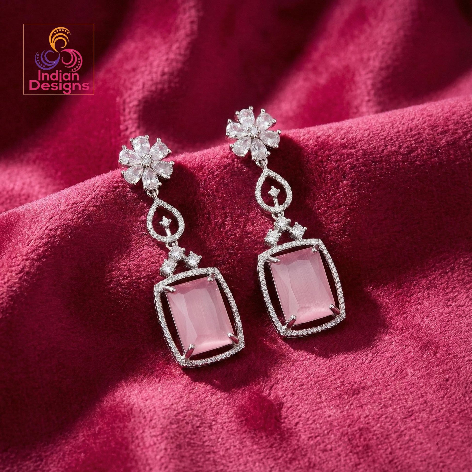 Silver American Diamond Earrings| Rectangular Cushion Cut CZ Drop| Floral Stud Dangle|Indian Wedding Jewelry|Emerald Ruby Sapphire Mint Pink