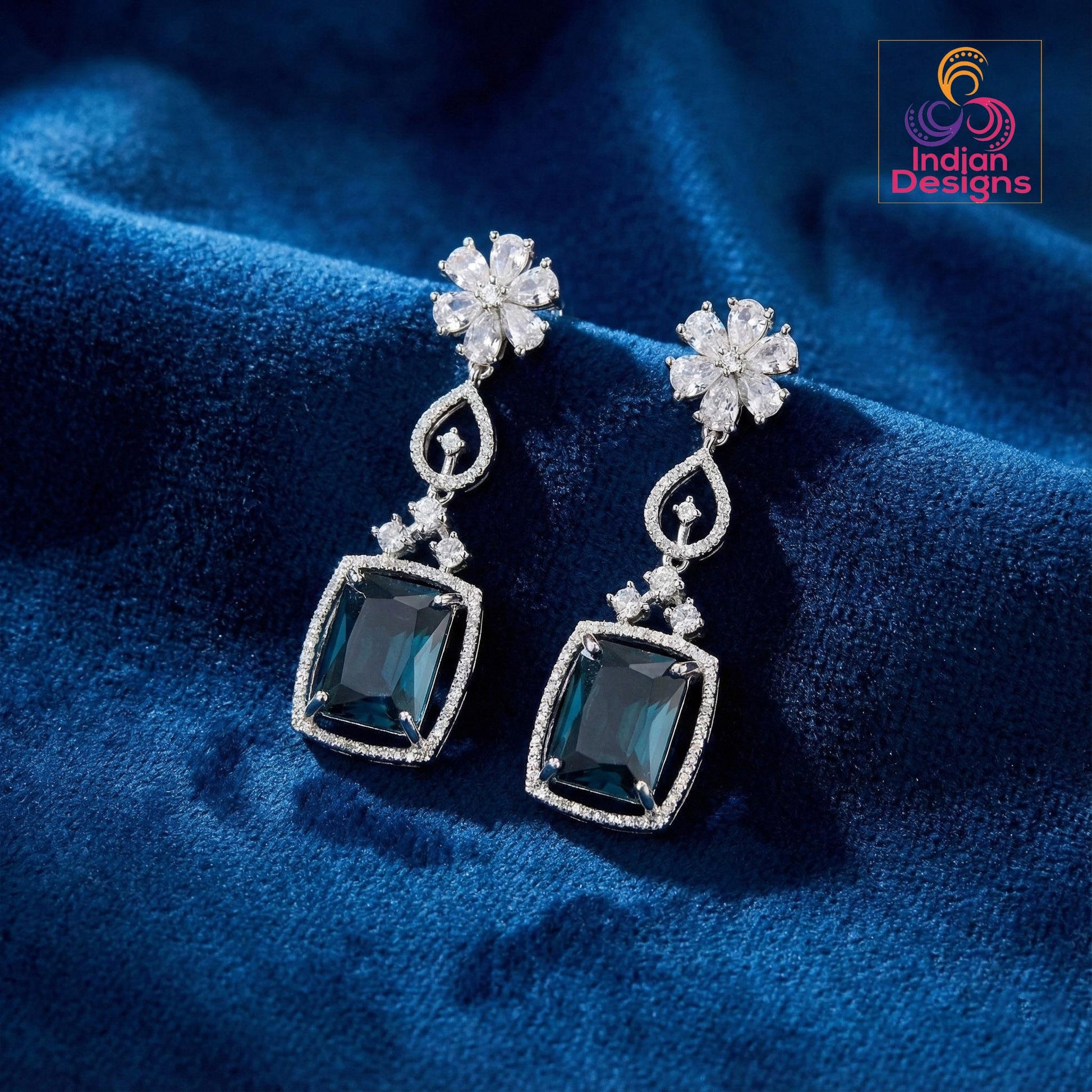 Silver American Diamond Earrings| Rectangular Cushion Cut CZ Drop| Floral Stud Dangle|Indian Wedding Jewelry|Emerald Ruby Sapphire Mint Pink