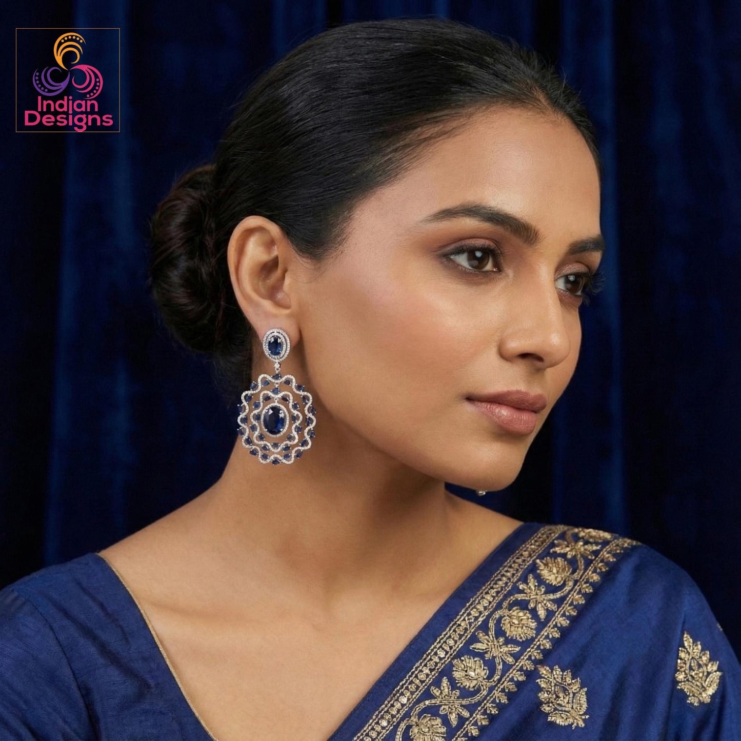 Silver American Diamond Statement Earrings| Large Floral Halo CZ Dangle| Indian Wedding Cocktail Jewelry| Emerald Green Sapphire Blue Pink