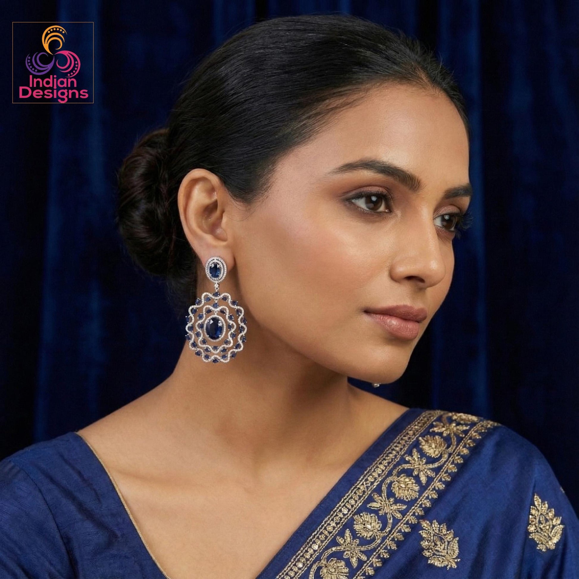Silver American Diamond Statement Earrings| Large Floral Halo CZ Dangle| Indian Wedding Cocktail Jewelry| Emerald Green Sapphire Blue Pink