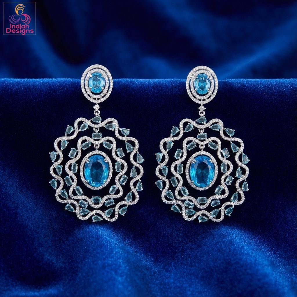 Silver American Diamond Statement Earrings| Large Floral Halo CZ Dangle| Indian Wedding Cocktail Jewelry| Emerald Green Sapphire Blue Pink
