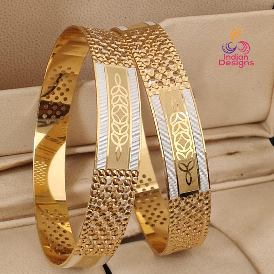 Two Tone Gold Plated Bangles Set of 2| Indian 1 Gram Gold Jewelry| Floral Rhodium Kada| Traditional Party wear Wedding Bracelet|Gift for Her