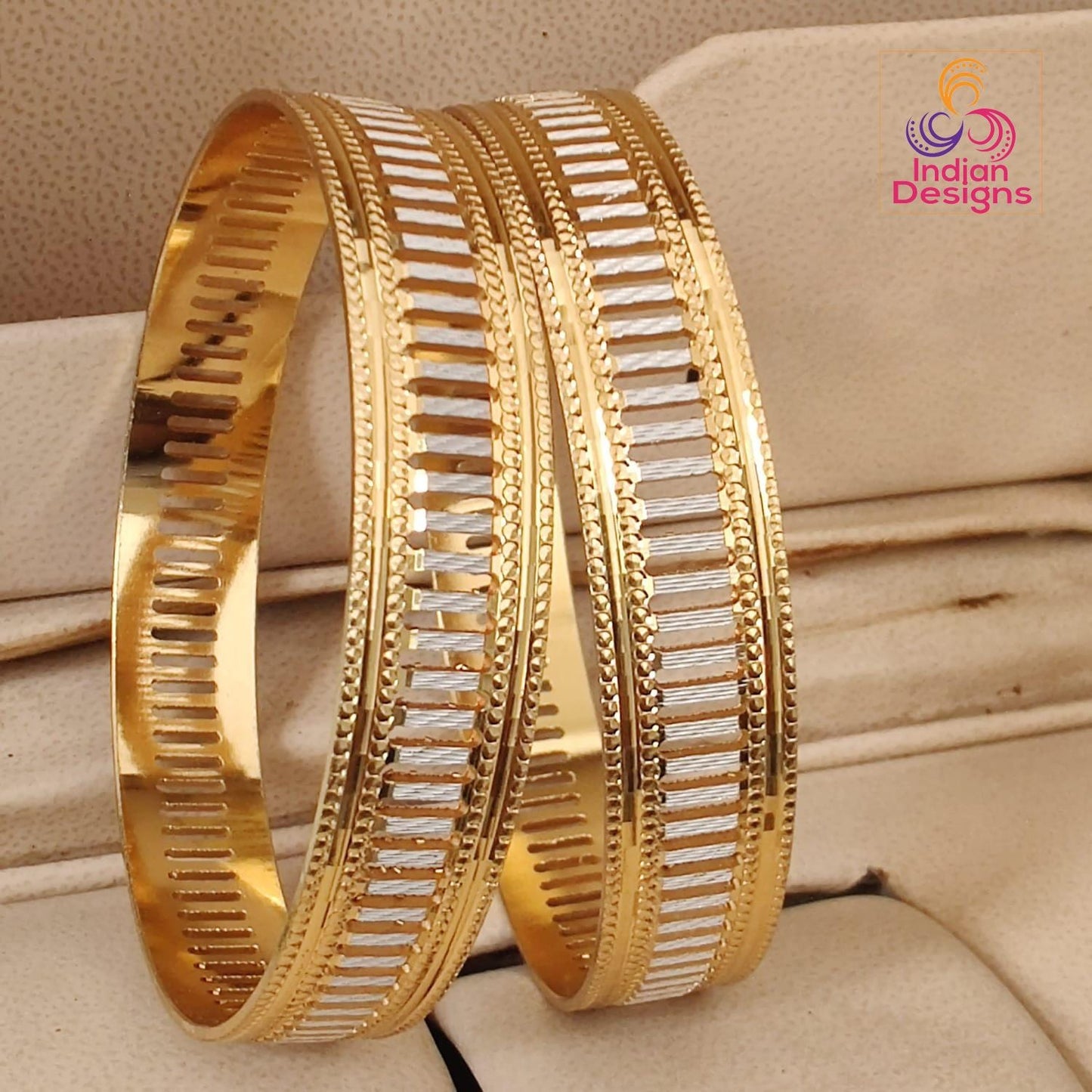 Two Tone Gold Plated Bangles Set of 2| 1 Gram Gold Jewelry| Silver Striped Kada| Geometric Ladder Pattern| Daily Wear Bracelet| Gift for Her