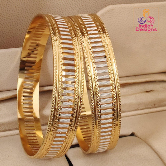 Two Tone Gold Plated Bangles Set of 2| 1 Gram Gold Jewelry| Silver Striped Kada| Geometric Ladder Pattern| Daily Wear Bracelet| Gift for Her