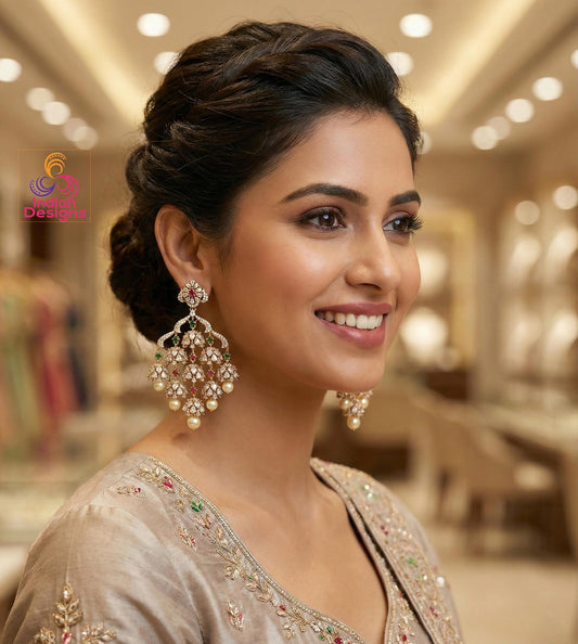 Indian Jhumka Earrings| Dull Gold AD Stone Dangle Chandbali| Pearl Drop Wedding & Festive Jewelry| Statement Earrings| Wedding Earrings