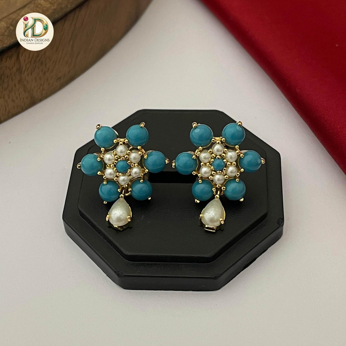 Turquoise and Pearl Floral Earrings| Blue Stone Studs| 1 Inch Drop Earrings| Traditional South Indian Jewelry| Gift for her